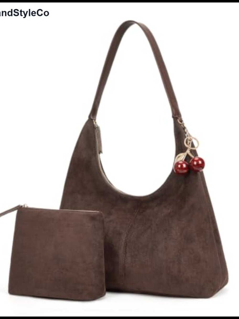 Slouchy Hobo Bag Faux Suede Purse Large Shoulder Bag with Cherry Charm